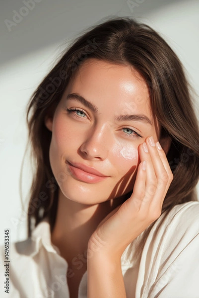 Fototapeta Woman applying moisturizer in natural light during morning skincare routine