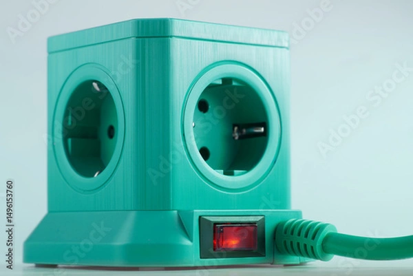 Fototapeta Green cube-shaped power strip with multiple euro-style sockets, red illuminated switch and short cord on white surface, ideal for home and office electrical setups, modern interiors, and DIY projects