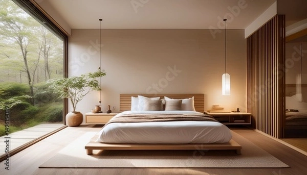 Fototapeta modern zeninspired bedroom neutral tones soft lighting empty wall for serene natureinspired decor calming and elegant