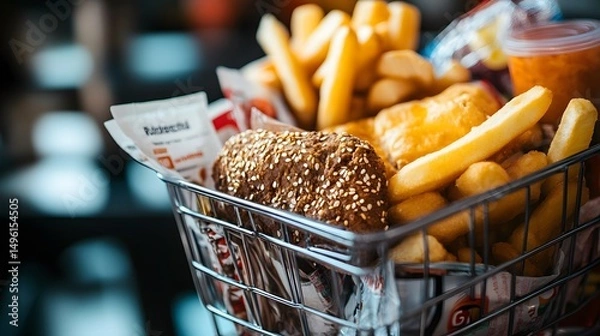 Fototapeta A shopping cart filled with various fast food items.