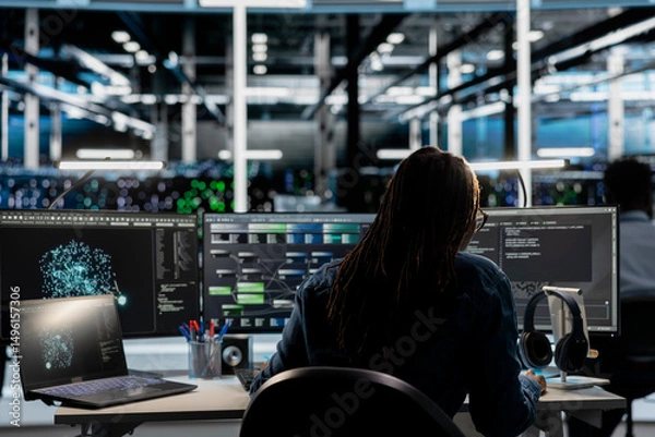 Fototapeta Data center programmer uses AI visual programming technology to oversee automated repetitive tasks. Server room employee modifying infrastructure rigs systems based on data analytics graphs
