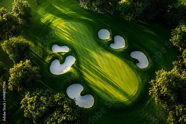 Obraz a vibrant overhead shot showcasing a well-maintained golf course green, surrounded by lush tall trees and featuring neatly groomed grass and sand bunkers, serenity, and recreational outdoors