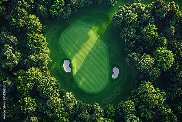 Obraz a vibrant overhead shot showcasing a well-maintained golf course green, surrounded by lush tall trees and featuring neatly groomed grass and sand bunkers, serenity, and recreational outdoors, top view