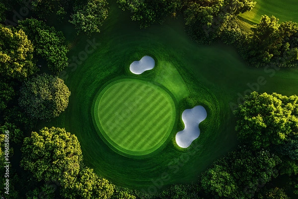 Obraz a vibrant overhead shot showcasing a well-maintained golf course green, surrounded by lush tall trees and featuring neatly groomed grass and sand bunkers, serenity, and recreational outdoors, top view