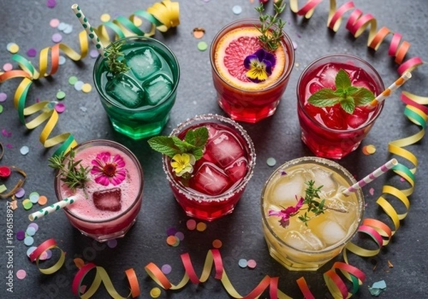 Fototapeta Assortment of refreshing party drinks with ice and garnishes arranged on dark surface surrounded by colorful confetti and twisted streamers for cheerful celebration or holiday event.