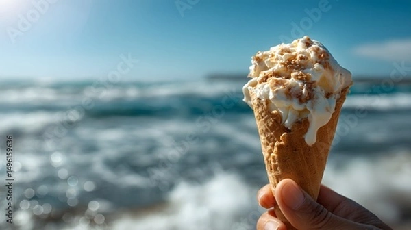 Fototapeta Enjoying a sweet treat in the sunshine: a waffle cone overflowing with delicious ice cream on a bright day, a refreshing moment of indulgence.