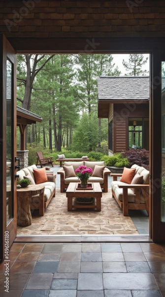 Fototapeta Serene Patio Setting in a Rustic Style Home with Solar Panels Subtly Integrated into Rugged Wood Roof