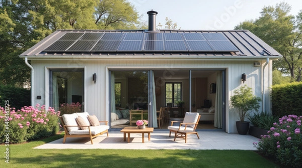 Fototapeta Serene Patio Setting in a Scandinavian Style Home Adorned with Solar Panels on Gently Sloping Roof