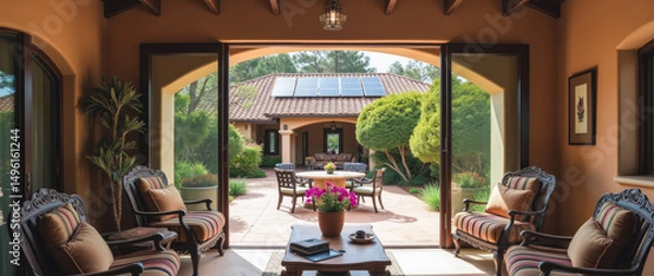 Fototapeta Serene Patio Setting in a Spanish Eclectic Style Home with Solar Panels Seamlessly Integrated