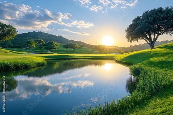Obraz beautiful aerial view of a golf course showcasing lush green fairway, distinct bunkers, and a serene water feature illuminated by the gentle rays of sunlight