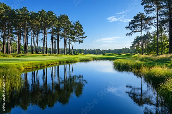 Fototapeta beautiful aerial view of a golf course showcasing lush green fairway, distinct bunkers, and a serene water feature illuminated by the gentle rays of sunlight