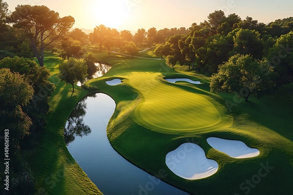 Obraz beautiful aerial view of a golf course showcasing lush green fairway, distinct bunkers, and a serene water feature illuminated by the gentle rays of sunlight