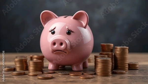 Fototapeta Sad pink piggy bank on wood with coins around, ideal for financial planning. Adorable pink piggy bank looking sad surrounded by stacks of coins symbolizing financial struggles and savings woes.