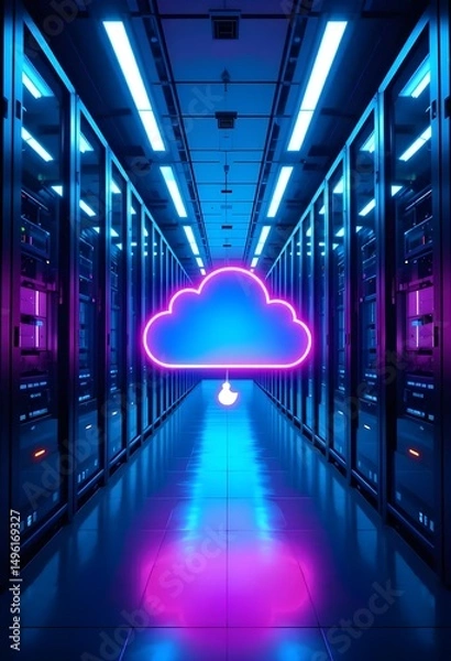 Fototapeta Futuristic server room with glowing neon cloud, perfect for tech innovation themes. Futuristic view of a data center hallway with glowing cloud technology representing digital storage innovation 