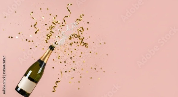 Fototapeta Champagne bottle popping open with golden confetti and streamers flying out on a pink background. Festive celebration and party concept for New Year, Holidays, event, or announcement.