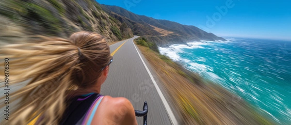 Obraz Rear view of athletic Caucasian woman cycling at high speed along scenic coastal highway with ocean