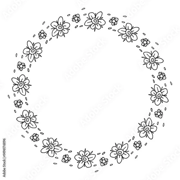 Fototapeta Round Flowers frame Doodle sketch. Spring or Summer Wreath with flowers. Simple flowers with petals. Black and white wreath, hand drawn Vector print for invitation, card, invitation, decoration, logo.