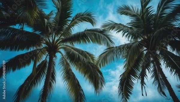 Fototapeta Background of palm branches through which you can see the blue sky. Exotic background, relaxation