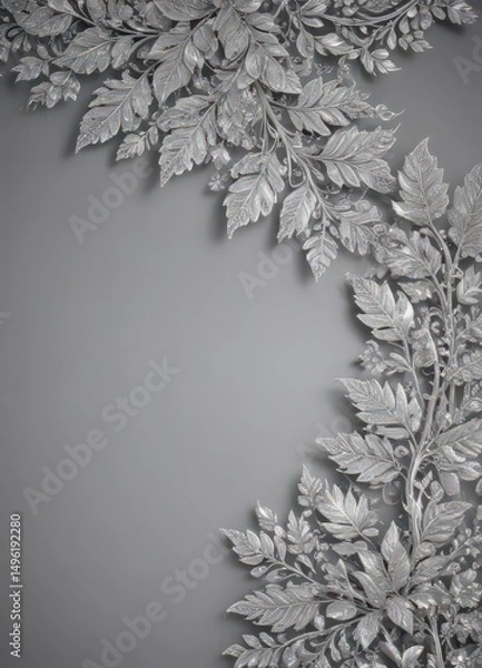 Fototapeta Sparkling silver background, lavish silver lace border with intricate leaf details , opulence, holiday