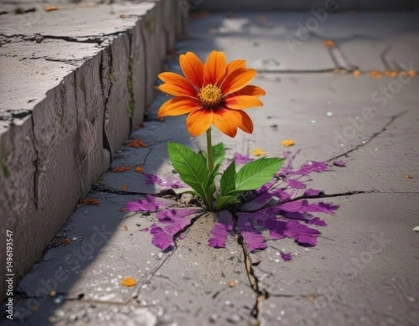 Fototapeta A vibrant flower emerges from a fractured concrete slab, showcasing resilience , image, stone, crevice