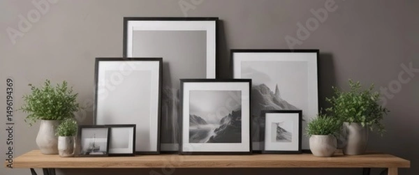 Fototapeta Stylish photo frame arrangement, various sizes and shapes, home decor mockup,  home decor mockup,  decor element,  home staging
