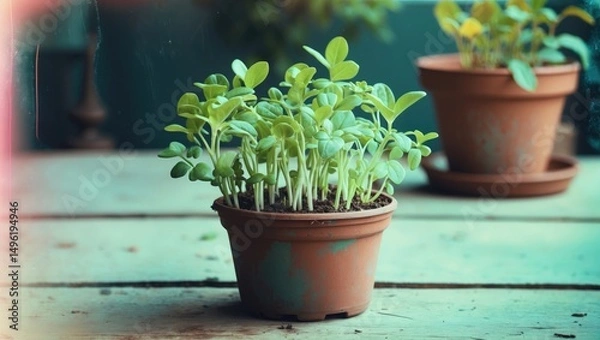 Fototapeta Baby plants in a flowerpot with empty space for text.