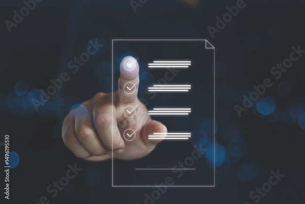 Fototapeta Audit business concept. Checklist auditing accounts within the organization. Policy procedure document data system report HR technology businessman checking white document report paper of files icon.