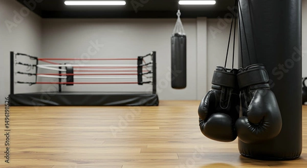Obraz Boxing gloves, Boxing ring, Gym, Boxing Gloves Hanging in Gym with Boxing Ring in Background
