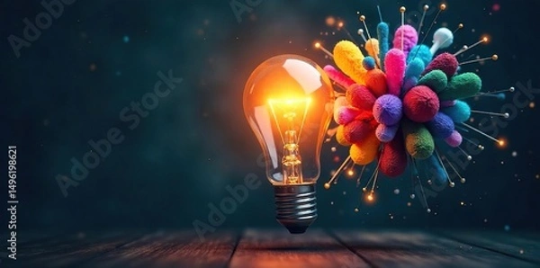 Obraz A lightbulb illuminates a cluster of diverse colorful objects, radiating a bright, innovative glow  Perfect for concepts of creativity, inspiration, and bright ideas , wisdom, technology