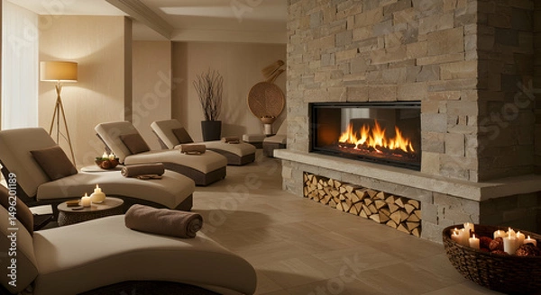 Fototapeta Spa, Relaxation, Lounge, Luxurious Spa Relaxation Room with Fireplace and Lounge Chairs