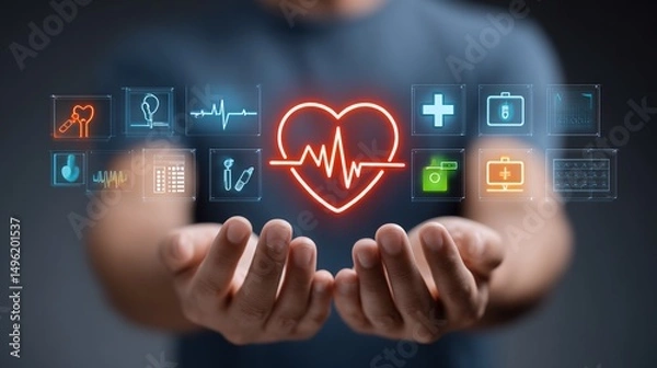 Obraz Closeup of hands holding stethoscope semitransparent overlay of floating healthtech icons heartbeat pill cross digital healthcare medical technology concept