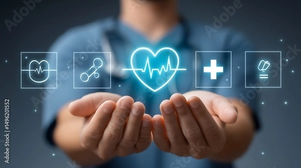 Obraz Closeup of hands holding stethoscope semitransparent overlay of floating healthtech icons heartbeat pill cross digital healthcare medical technology concept