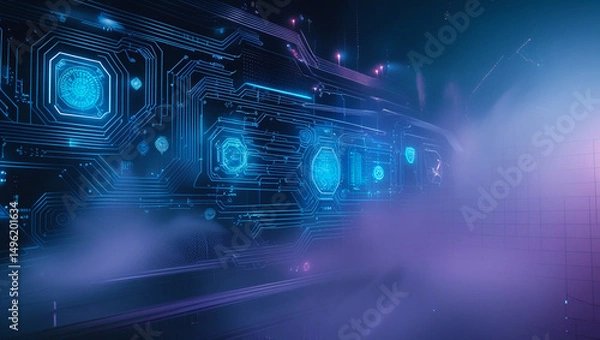 Obraz Futuristic Circuit Board with Neon Glow Highlights Advanced Technology