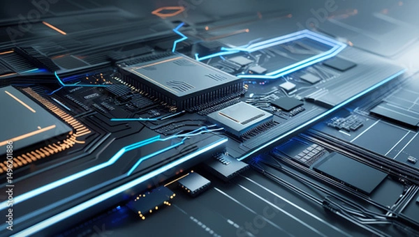 Obraz Futuristic Circuit Board with Neon Glow Highlights Advanced Technology