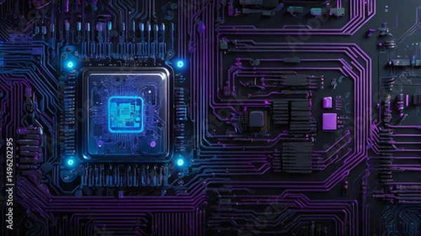 Obraz Futuristic Circuit Board with Neon Glow Highlights Advanced Technology
