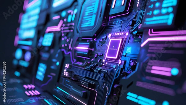 Obraz Futuristic Circuit Board with Neon Glow Highlights Advanced Technology