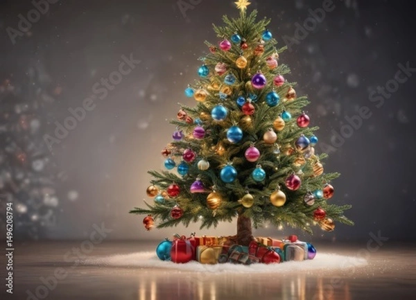 Fototapeta Sparkling Christmas tree with colorful baubles and glittering lights against a blurred winter backdrop ,  winter,  holiday background