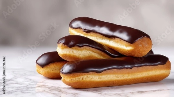 Fototapeta Three elegant donuts including eclairs with chocolate glaze arranged on a dessert table for a delicious and stylish presentation