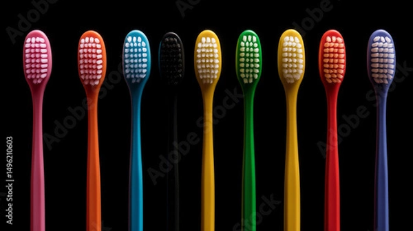 Obraz Set of colorful toothbrushes on black background, ideal for dental branding, e-commerce, or advertising use