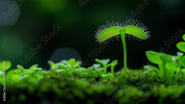 Obraz Close-up of green Venus flytrap covered in dew, surrounded by lush moss, great for nature education and design
