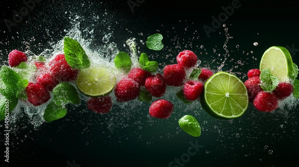 Obraz Raspberries, lime, and mint leaves splashing in water on black background, ideal for food ads and summer drinks