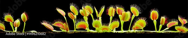 Obraz Row of Venus flytrap plants on black background, photorealistic side view, useful for science or catalog visuals