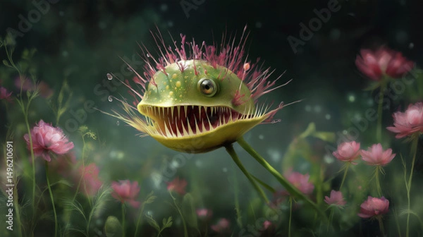 Obraz Fantasy monster Venus flytrap flower with teeth and eyes, surrounded by dreamy pink flowers, perfect for fantasy art