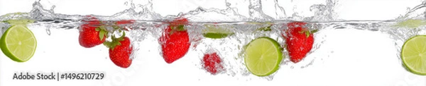Obraz Strawberries and lime splashing into water on white background, high-speed image for commercial or food design