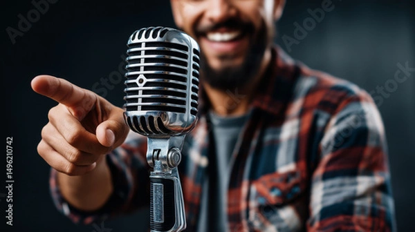 Obraz Close-up of man pointing at retro microphone with smile, suitable for podcast, comedy, or broadcasting content