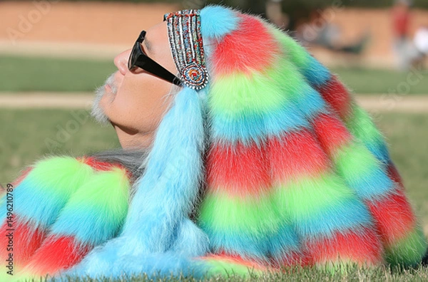 Obraz Man in bright rainbow fur coat and sunglasses lying on grass, perfect for fashion, pride, or editorial content