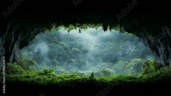 Obraz Lush jungle view from a dark cave entrance, perfect for fantasy visuals or travel content