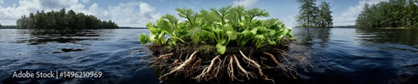 Obraz Floating island of plants with roots in the lake, concept for ecosystem and environmental visuals
