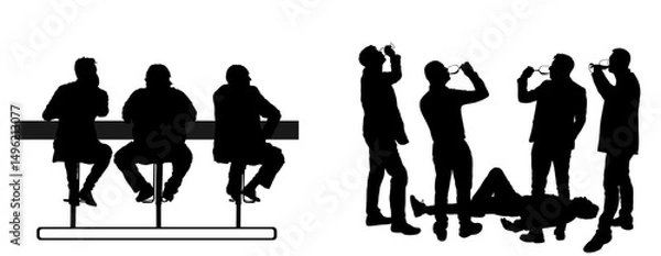 Obraz People sitting in bar drinking alcohol beverage vector silhouette illustration isolated. Crew party friends night life guests. Businessman crew meeting talk. Relaxation drunk man pass out lies down.