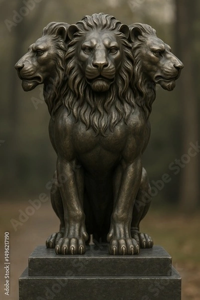 Obraz  a metallic statue of a lion with 3 faces, on a white background.png